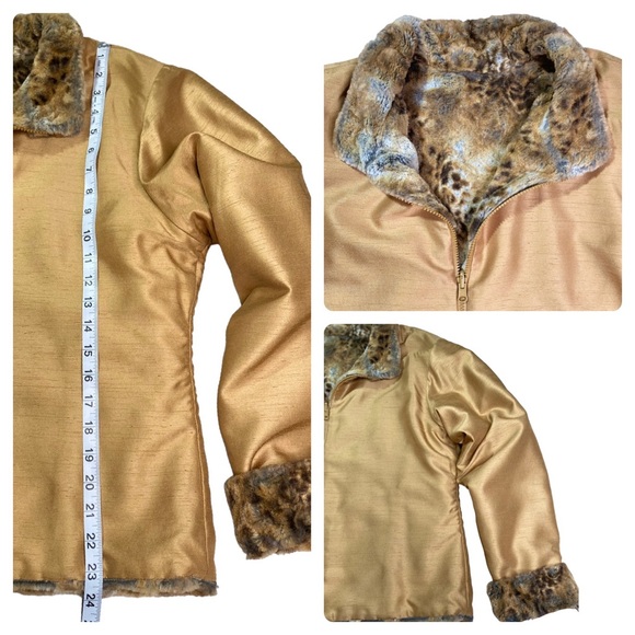 Boutique - Reversible Shantung Taffeta Brilliant Gold Ultra-Soft Faux Fur Coat M - Picture 11 of 16